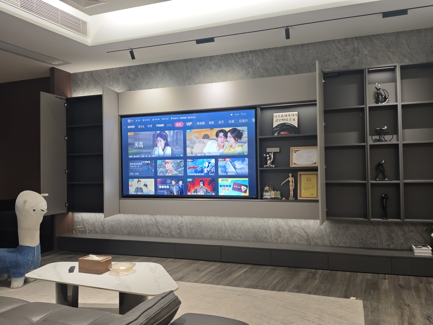 Media wall with display shelving and storage